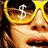 Pixelated close-up of a person's face with dark hair, wearing a golden crown and holding a white cross-like symbol against a yellow background.