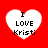 Four white heart shapes on a red background, each containing the text "I LOVE Kristi" in black pixelated font.