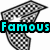 A pixelated checkered shape with cyan text 'Famous' overlaid on a white background, transitioning to a red-outlined shape with green '<3' on black, then to a red background with purple 'Famous' text.