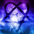Pixelated static image of a large bow-shaped object with gradient colors transitioning from purple to blue against a dark background.