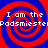 Four identical red and blue spiral patterns with white text reading "I am the PodsmiestePodsmiest" arranged in a on a solid background
