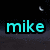 A digital icon with cyan text 'mike' on a dark background, featuring three crescent moon shapes in light gray.