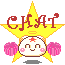 Pixelated star-shaped icon with red 'CHAT' text above a smiling character holding pink pom-poms, set against gray background.