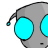 Pixelated gray head with large cyan eyes, a small black mouth, and a single curved antenna ending in a cyan tip.
