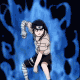 Animated sequence of a character in a striped shirt and dark shorts with blue flame-like background, repeating in a pattern