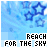 Animated contact sheet of a blue-themed buddy icon with stars and text "REACH FOR THE SKY" in various states across 25 sampled frames.