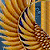 A pixelated static image of a stylized figure with outstretched arms against a golden and blue background.