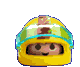Three pixelated character heads with distinct hats: yellow helmet with green visor, brown cowboy hat, and white-and-green cap, all on light gray background.
