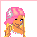 Pixel art contact sheet showing four frames of a blonde doll character with pink accessories and blue jeans, including full-body view, torso detail, legs, and text panel reading "A Real Blonde".