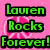 Pixelated icon with pink background featuring green text 'Lauren Rocks Forever!' and cyan text 'Peace' and 'Out' over peace symbols.