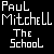 Static black-and-white pixel art displays text 'Paul Mitchell The School' in blocky, retro-styled lettering across four lines.