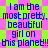 Blue pixelated text on a green and pink patterned background reads "I am the most pretty, beautiful girl on this planet!! This planet!!" in two identical vertical sections.