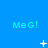 Blue background with repeated "MeG!" text and animated white star-like symbols in a