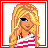 Pixel art contact sheet showing six frames of an animated buddy icon featuring a blonde cartoon character in various poses and text elements.
