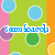 Pixelated green background with vertical orange and pink stripes, scattered blue, purple, green, and yellow circles; distorted blue text overlays in multiple