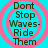 Four identical circular icons with pink concentric rings on a cyan background, each displaying the text "Dont Stop Waves-Ride Them" in dark green pixelated font.