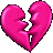 A pixelated pink broken heart icon with jagged edges and a central gap, set against a solid gray background.