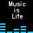 Black background with white text "Music is Life" and blue audio equalizer bars that change height across frames.