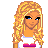 Pixel art of a blonde woman in three poses with changing expressions and leg positions, set against pink and gray background elements.