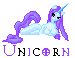 Pixelated unicorn with purple mane and tail, light blue body, and blue horn lying on clouds, with 'UNICORN' text below.