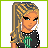 Pixelated character with blonde braided hair in a high ponytail, wearing black top and blue skirt with green dollar symbols.