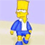 Pixelated cartoon character with yellow skin, blue jacket, white shirt, and yellow pants standing against light purple and beige background.