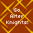 Brown background with yellow diamond lattice pattern and white pixelated text reading "Go Alter Knights!" in four repeated positions.