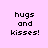 Pixelated text 'hugs and kisses!' on pink background with light blue rectangular overlays shifting across the image.
