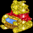 Pixelated golden bear with red scarf and blue belly patch, shown in three poses with a yellow heart above.