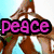 Pixelated icon with 'peace' text over a figure in blue and brown clothing, 'Love' text over a heart-shaped stone, and 'and Party' text over a sun and heart background.