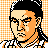 Pixelated static icon of a person with black hair and orange skin tones against an orange-and-white checkered background, wearing a white and black patterned garment.