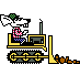 Pixelated cartoon bulldozer with a dog driver, showing four animation frames with dust clouds and smoke effects.
