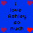 Blue background with pixelated text and heart symbols arranged in a pattern, featuring repeated phrases and alternating red/purple hearts