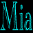 Animated contact sheet showing multiple frames of a stylized text-based buddy icon with the name "Mia" rendered in glowing blue and cyan lettering against black background.