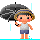 Animated pixel art contact sheet showing a child character holding an umbrella in various poses across eight frames with rain effects.