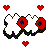 Pixel art animation of white X-shaped figures with red circular centers, surrounded by red hearts, transitioning to a bride and groom scene with a red frame.