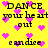 Yellow background with pink heart shapes and black pixelated text reading "DANCE your heart out" and "can dice" in multiple repeated arrangements.