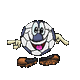 Pixelated soccer ball character with blue nose, pink tongue, and brown shoes in six poses showing hand and foot positions.
