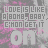 A static image with repeating text and patterned background, featuring pink floral motifs on gray. The phrase "LOVE IS LIKE A BOMB BABY G'ON GET IT" appears in varying colors across the composition.