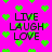Bright pink background with scattered green pixelated hearts and black text reading LIVE LAUGH LOVE in four vertical