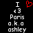 Pixelated text and a red heart symbol on black background, with two identical side-by-side layouts showing 'I', '3', 'Paris', 'o.k.o', 'ashley' in white pixels.