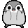 Four pixelated penguin poses with gray heads, white bellies, black feet, and pink beaks on a gray background.