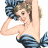 Pixelated pinup-style woman in blue dress with one arm raised, next to green background text 'OriginalIcons.com' on white and dark green split background.