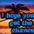 Pixelated beach sunset scene with palm trees and text overlays in blue and pink fonts.
