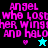 Pixelated text reads "Angel who lost her wings and halo" with heart and star symbols on black, teal, cyan, and dark teal backgrounds.