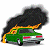 Green car with red taillights on white background, emitting black smoke and orange flames from its rear.