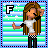 Pixel art of a girl with long brown hair wearing a white crop top and black checkered pants, standing against a striped background with a large letter F in the corner.