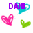 Pixelated graphic with purple text 'DANI' above a cyan heart, a pink heart, and a green heart on white background.