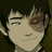 Pixelated anime-style character with dark hair and a brown eye patch, smiling slightly against a muted background.