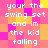 Pixelated text in white reads 'your the swing set and im the kid falling' over a of pink, orange, and yellow squares